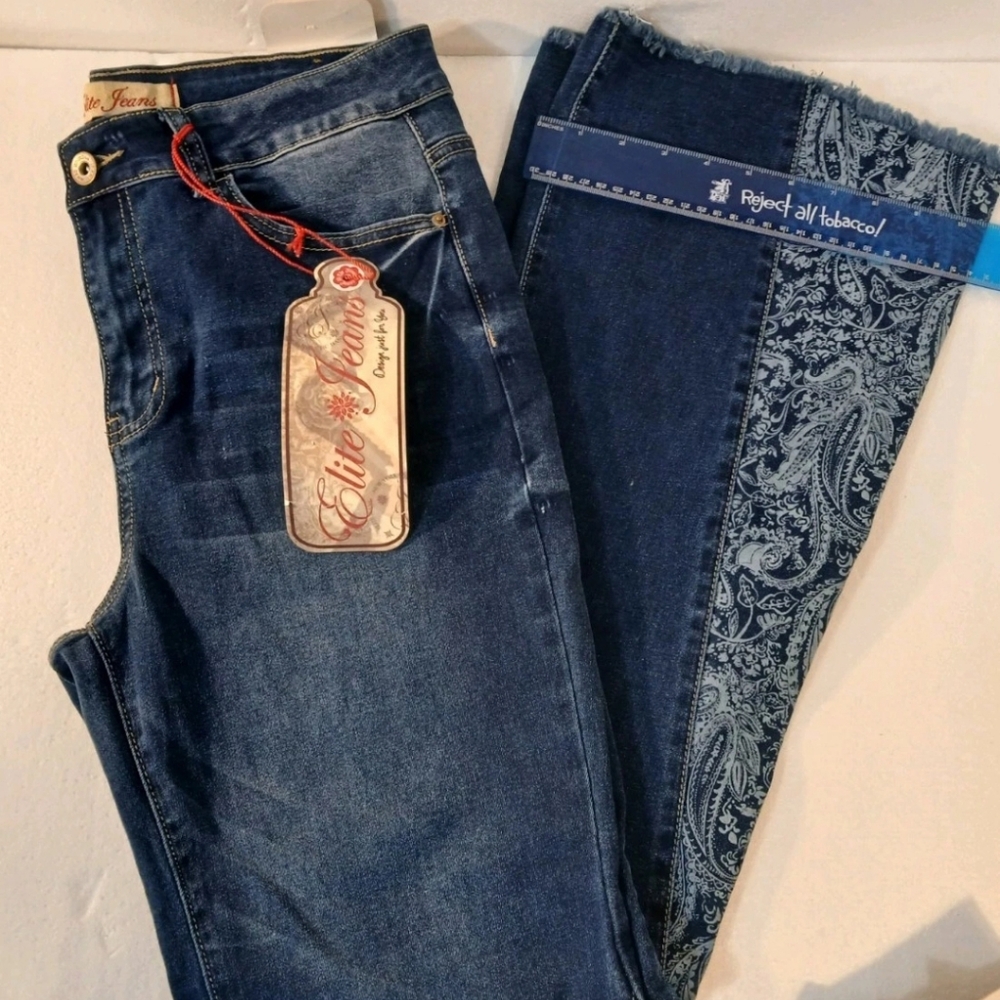 NWT Sz:11/12 Elite Jean Flare Bottoms High Rise Women's Denim Paisley Print